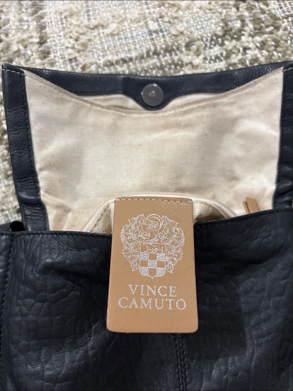 Vince Camuto Livy Large Crossbody Black Leather Bag with Silver Ring Accent